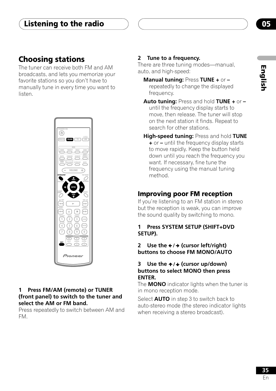Choosing stations, Improving poor fm reception, Listening to the radio 05 | English | Pioneer S-DV303 User Manual | Page 35 / 76