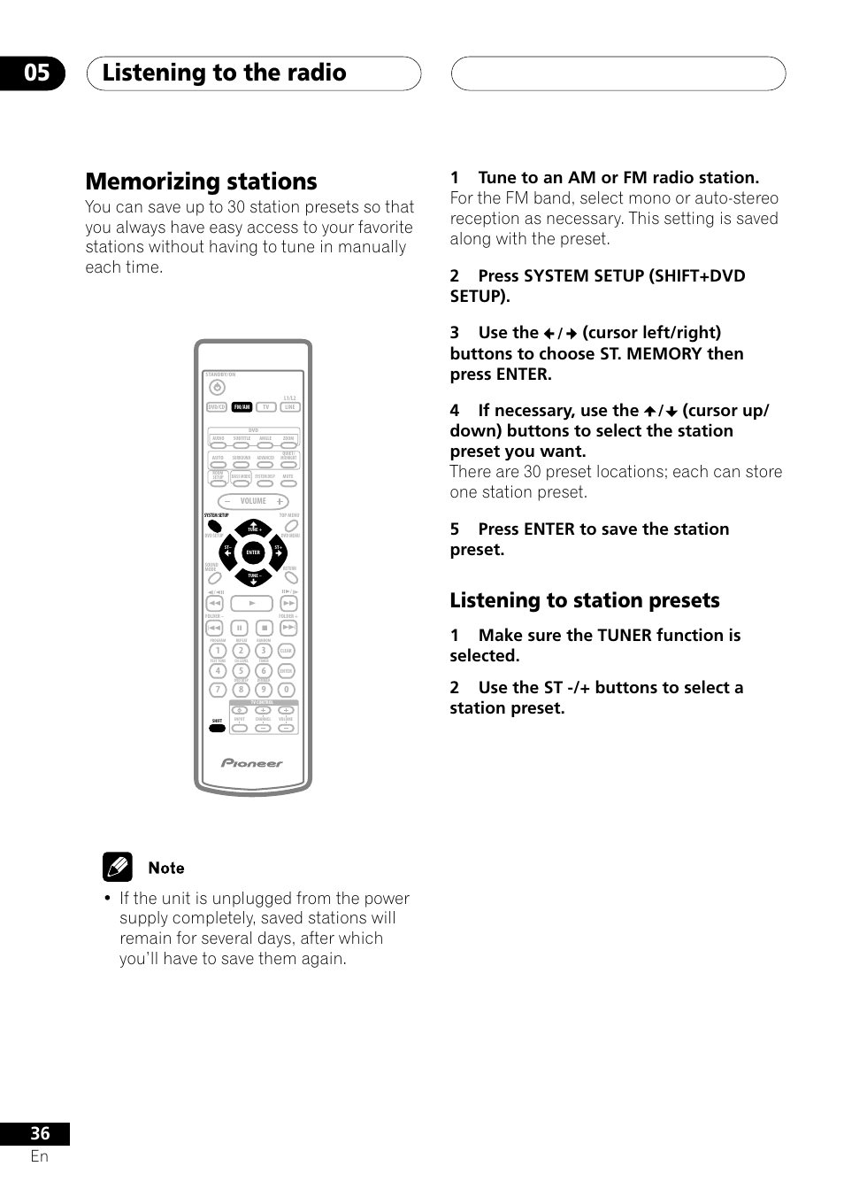 Memorizing stations, Listening to station presets, Listening to the radio 05 | Pioneer S-DV303 User Manual | Page 36 / 76