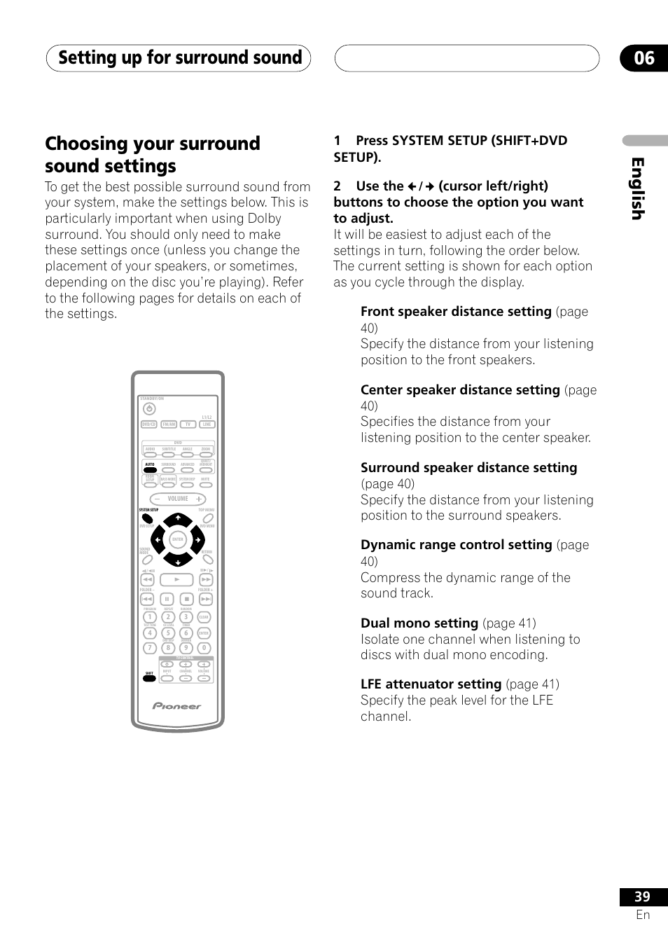 Choosing your surround sound settings, Setting up for surround sound 06, English | 1press system setup (shift+dvd setup). 2 use the | Pioneer S-DV303 User Manual | Page 39 / 76