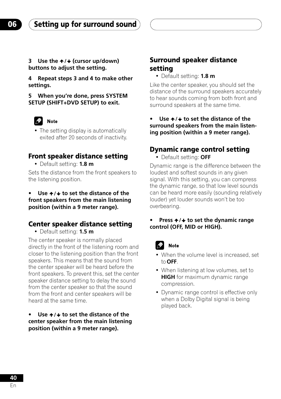 Setting up for surround sound 06, Front speaker distance setting, Center speaker distance setting | Surround speaker distance setting, Dynamic range control setting | Pioneer S-DV303 User Manual | Page 40 / 76