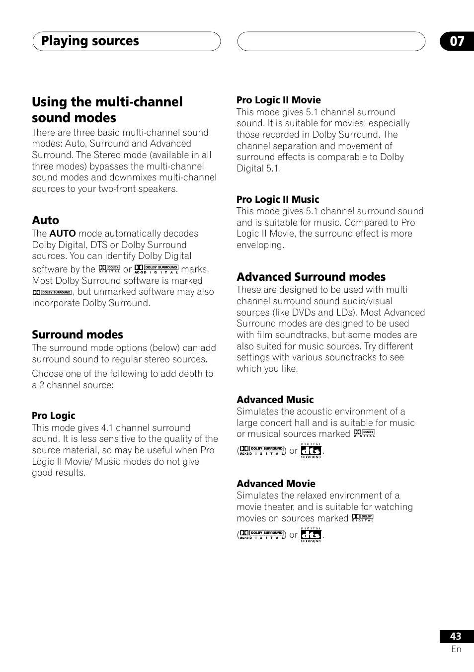 Using the multi-channel sound modes, Auto surround modes advanced surround modes, Playing sources 07 | Pioneer S-DV303 User Manual | Page 43 / 76