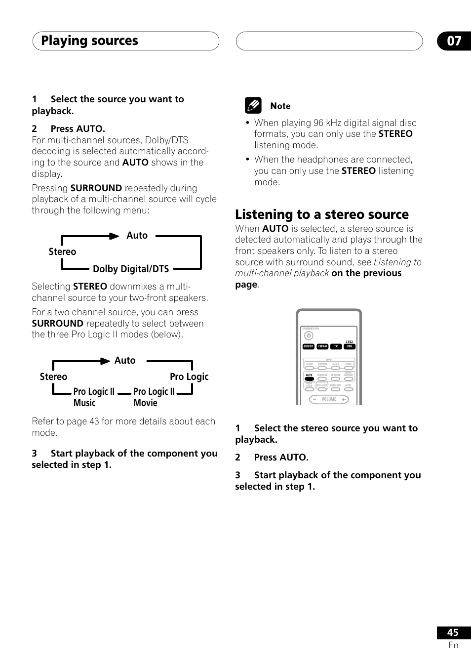 Listening to a stereo source, Playing sources 07, Stereo auto dolby digital/dts | Pioneer S-DV303 User Manual | Page 45 / 76