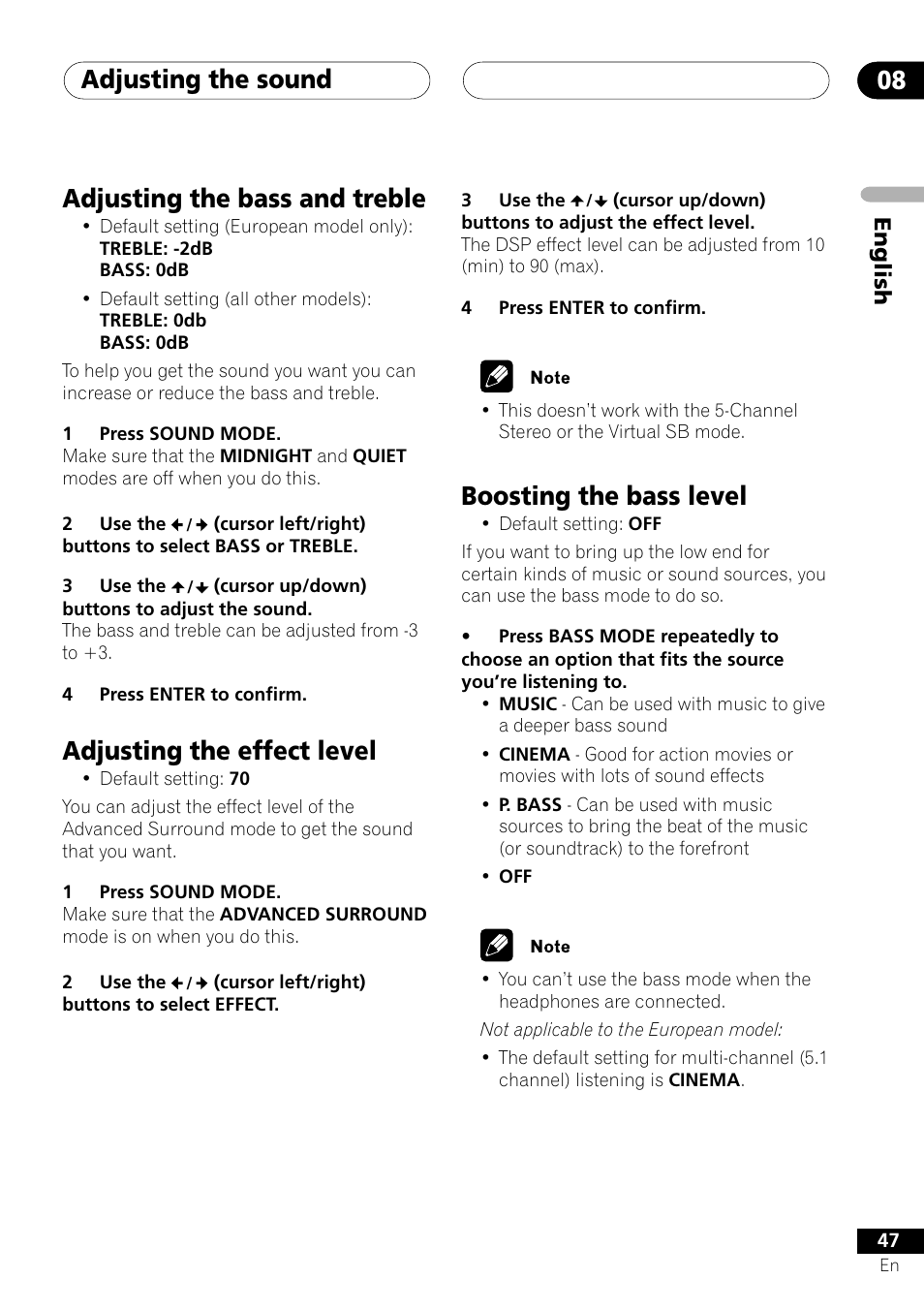 Adjusting the sound 08, Adjusting the bass and treble, Adjusting the effect level | Boosting the bass level | Pioneer S-DV303 User Manual | Page 47 / 76