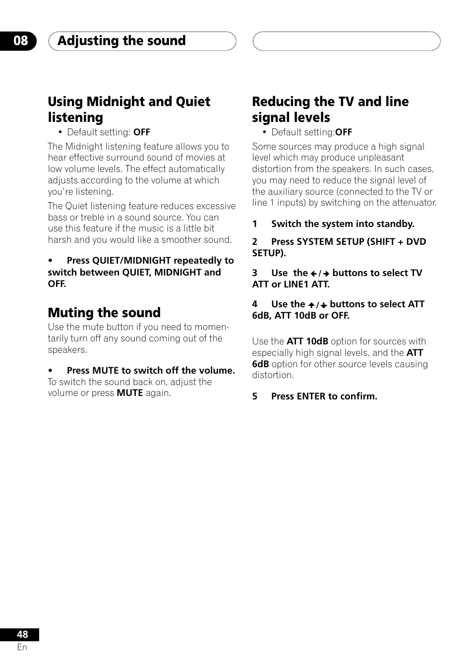 Adjusting the sound 08, Using midnight and quiet listening, Muting the sound | Reducing the tv and line signal levels | Pioneer S-DV303 User Manual | Page 48 / 76