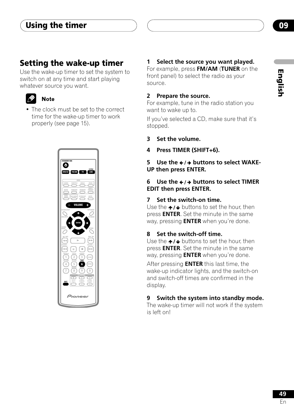 Setting the wake-up timer, Using the timer 09, English | Pioneer S-DV303 User Manual | Page 49 / 76