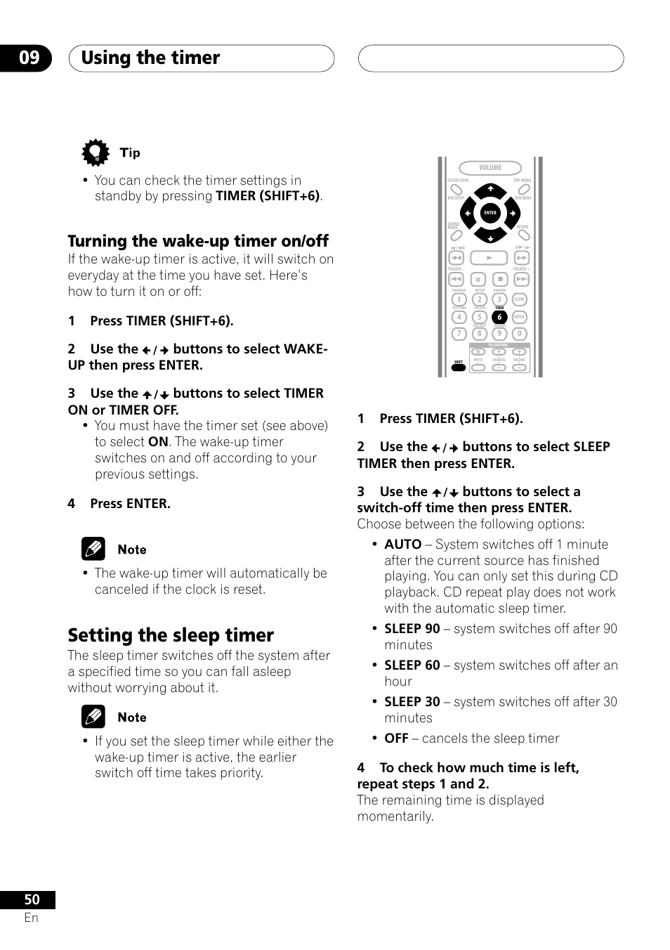 Turning the wake-up timer on/off, Setting the sleep timer, Using the timer 09 | 1press timer (shift+6). 2 use the | Pioneer S-DV303 User Manual | Page 50 / 76