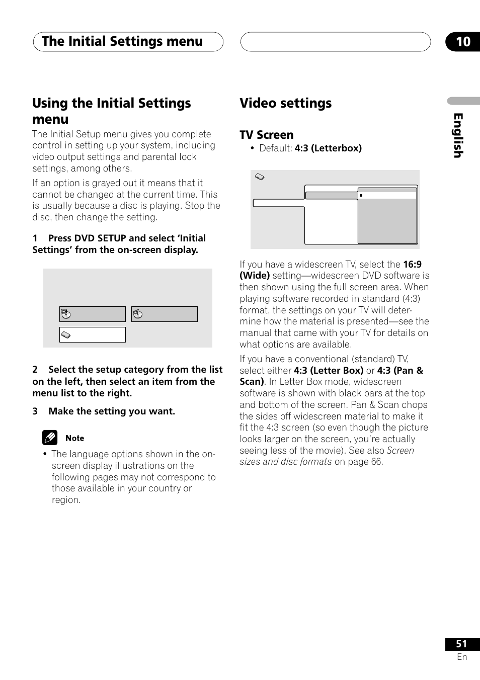 Using the initial settings menu video settings, Tv screen, The initial settings menu 10 | Video settings, Using the initial settings menu, English | Pioneer S-DV303 User Manual | Page 51 / 76