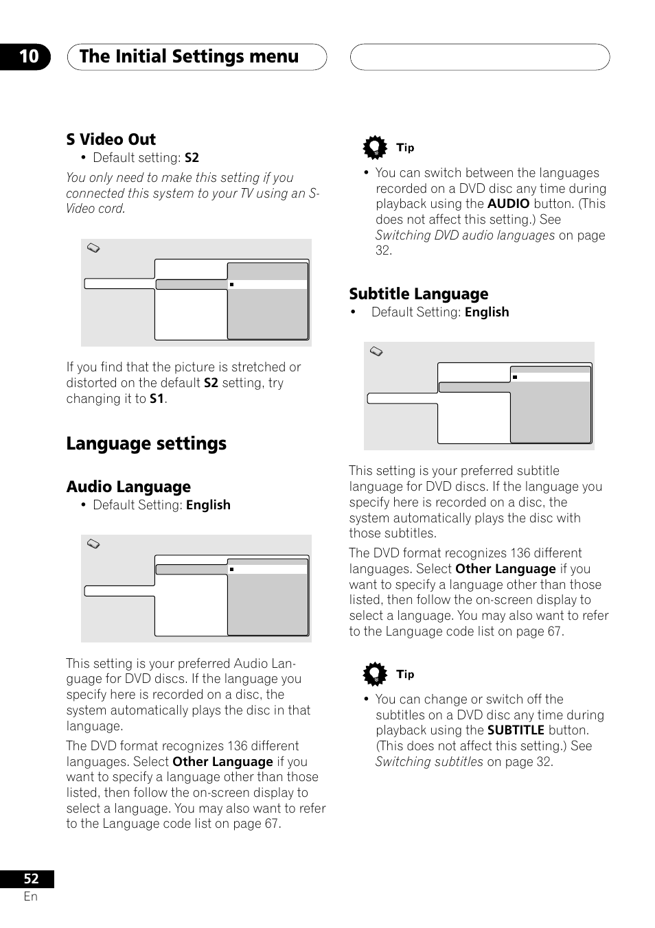 S video out, Language settings, Audio language subtitle language | The initial settings menu 10, Subtitle language, Audio language, Default setting: english | Pioneer S-DV303 User Manual | Page 52 / 76