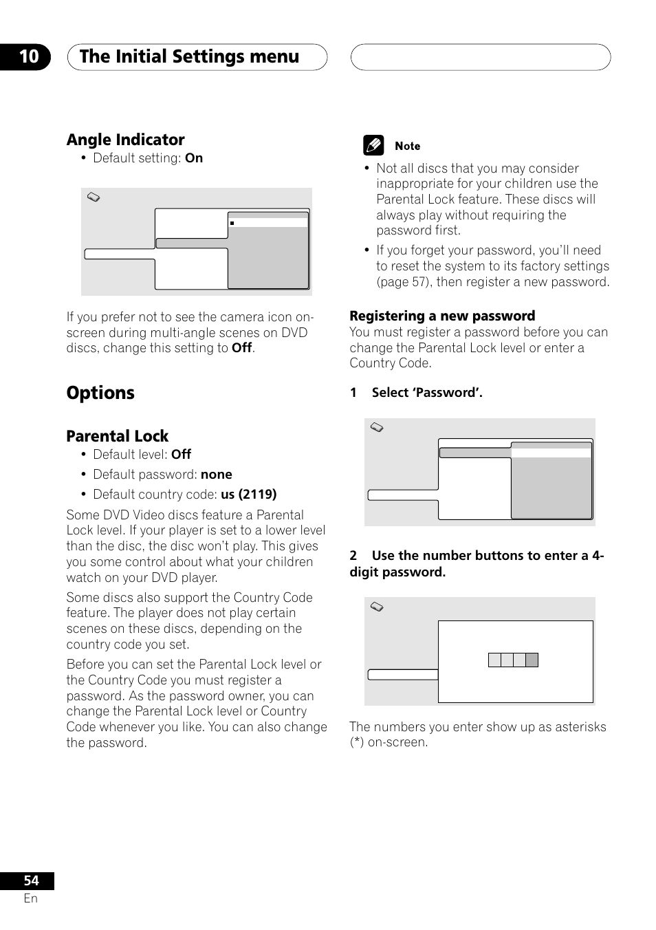 Angle indicator, Options, Parental lock | Registering a new password, The initial settings menu 10 | Pioneer S-DV303 User Manual | Page 54 / 76