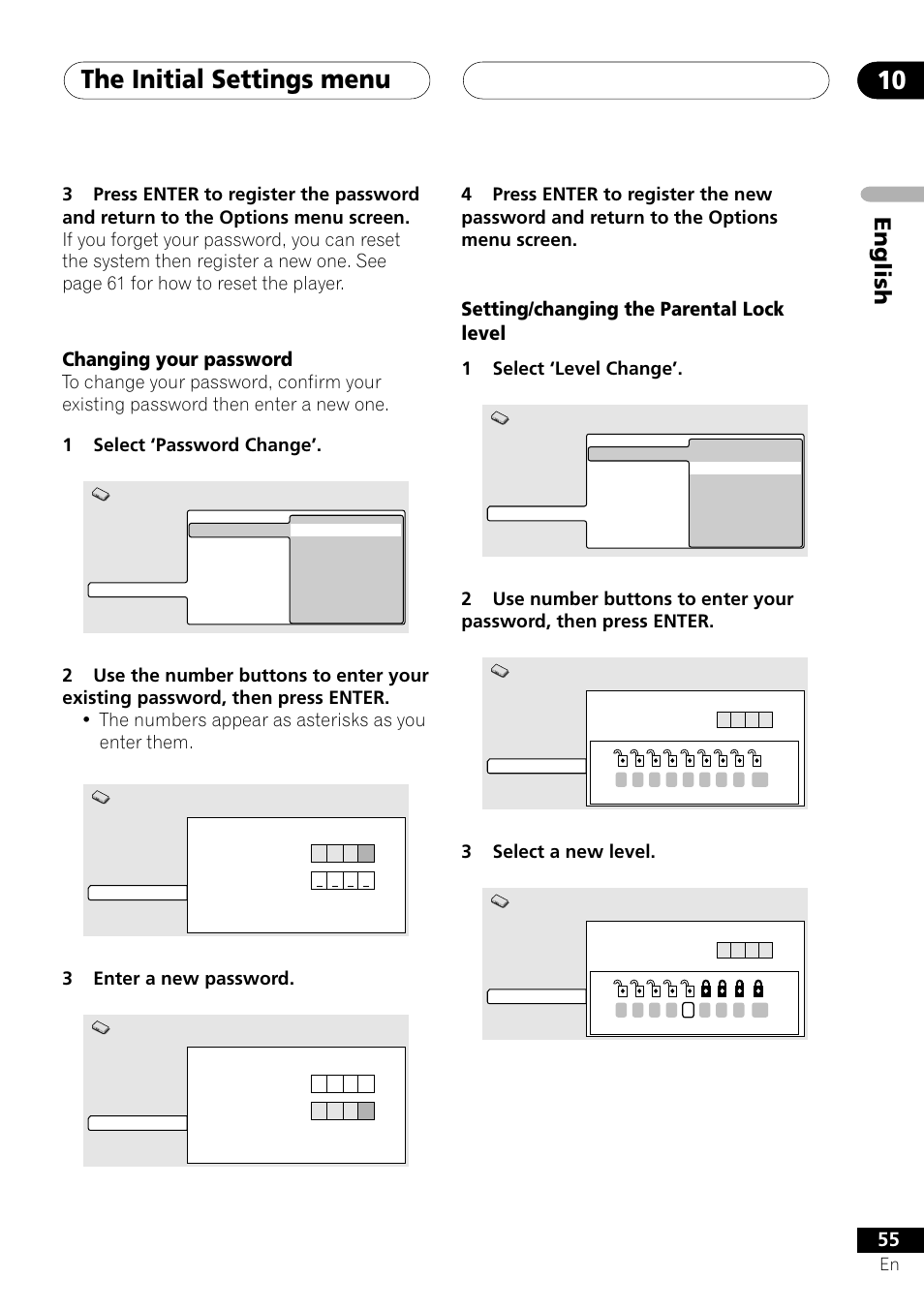 The initial settings menu 10, English, Setting/changing the parental lock level | Changing your password, 1select ‘level change, 3select a new level, 3enter a new password | Pioneer S-DV303 User Manual | Page 55 / 76