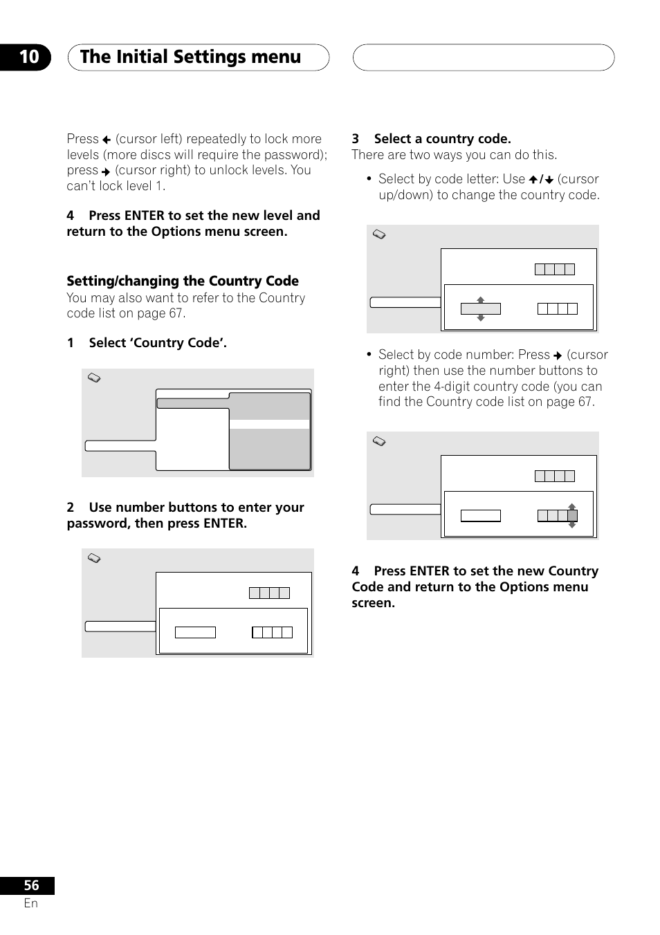 Setting/changing the country code, The initial settings menu 10, Cursor up/down) to change the country code | Pioneer S-DV303 User Manual | Page 56 / 76