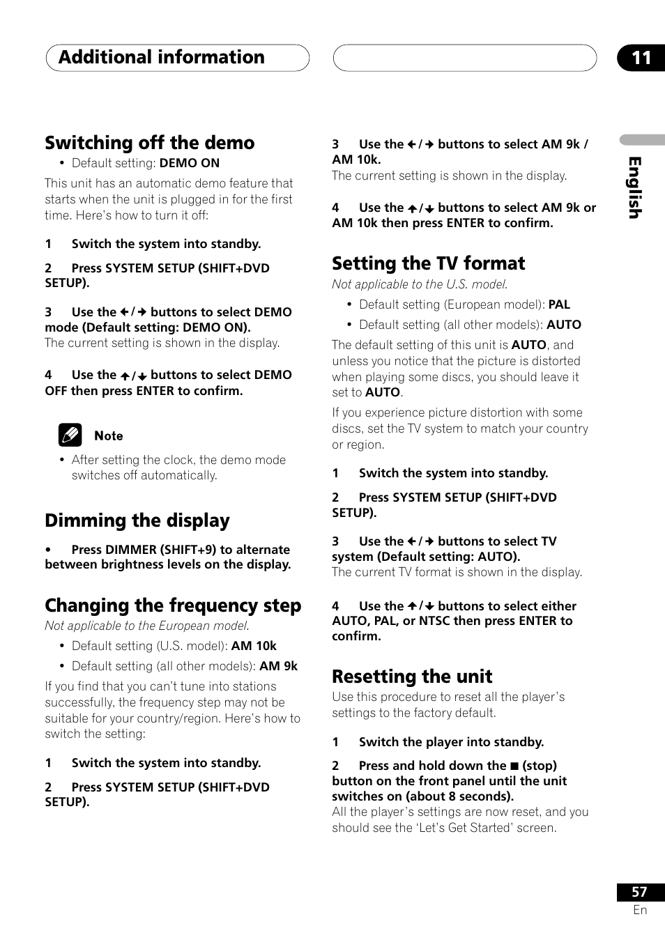 Additional information 11, Setting the tv format, Resetting the unit | Switching off the demo, Dimming the display, Changing the frequency step, English | Pioneer S-DV303 User Manual | Page 57 / 76