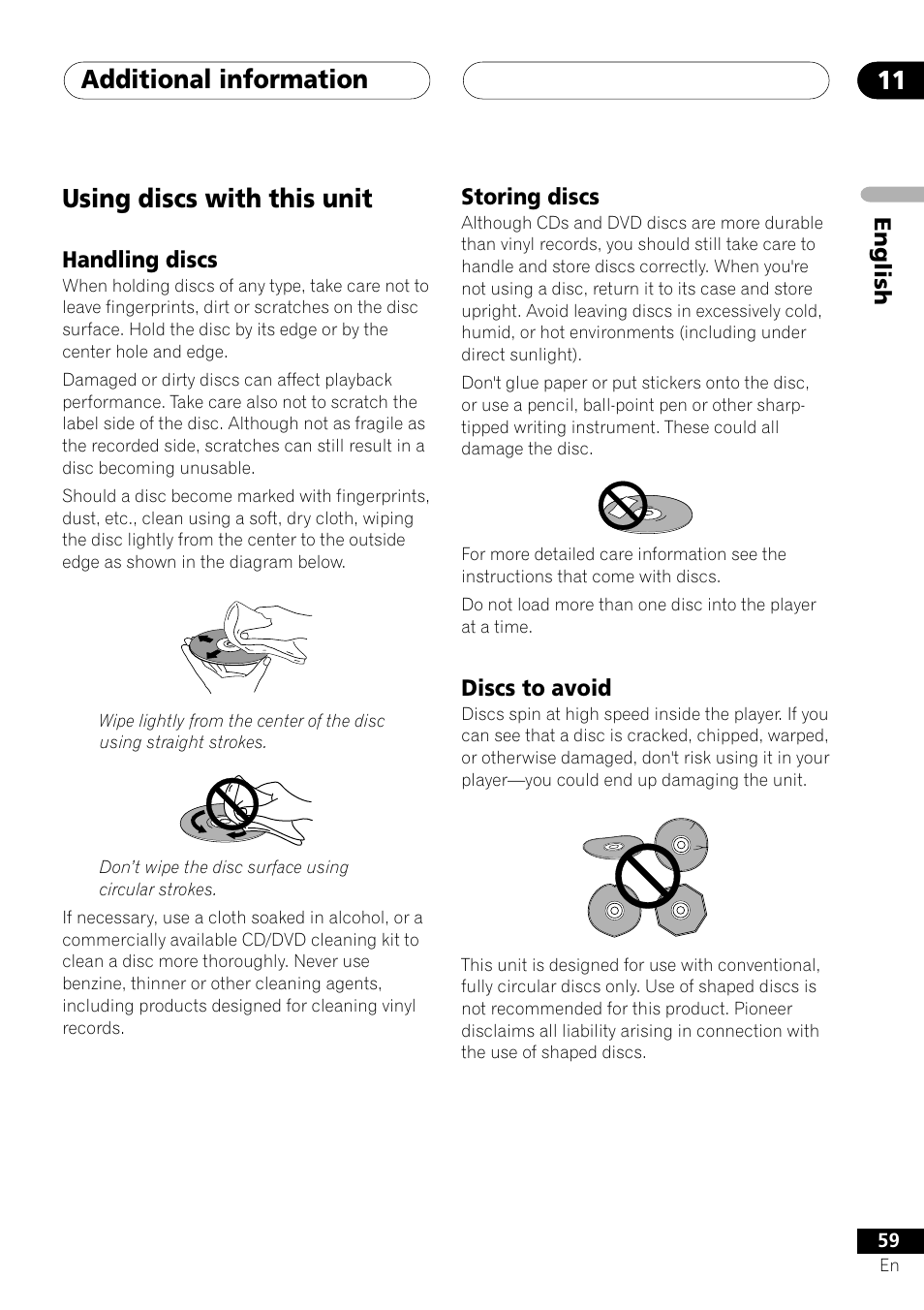 Using discs with this unit, Handling discs storing discs discs to avoid, Additional information 11 | Pioneer S-DV303 User Manual | Page 59 / 76