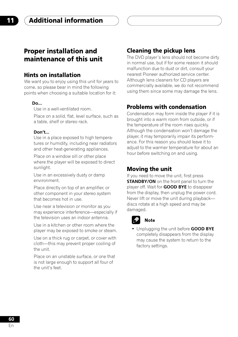 Proper installation and maintenance of this unit, Additional information 11, Hints on installation | Cleaning the pickup lens, Problems with condensation, Moving the unit | Pioneer S-DV303 User Manual | Page 60 / 76