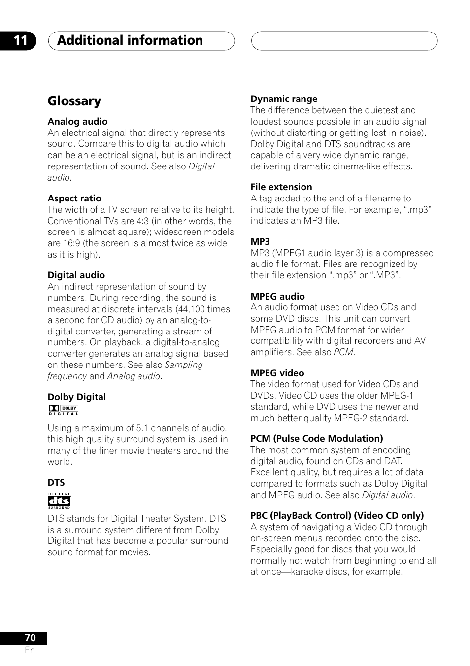 Glossary, Additional information 11 | Pioneer S-DV303 User Manual | Page 70 / 76