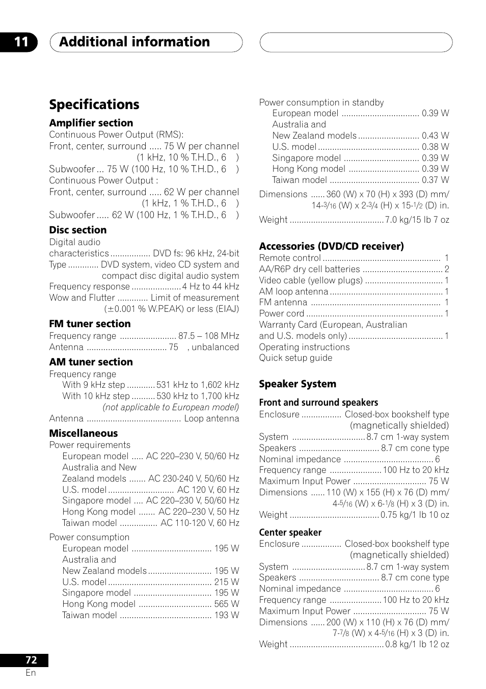 Specifications, Additional information 11 | Pioneer S-DV303 User Manual | Page 72 / 76