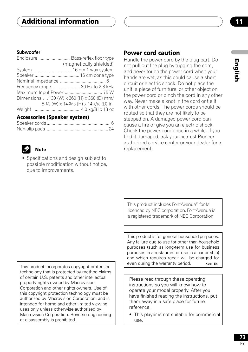 Power cord caution, Additional information 11, English | Pioneer S-DV303 User Manual | Page 73 / 76