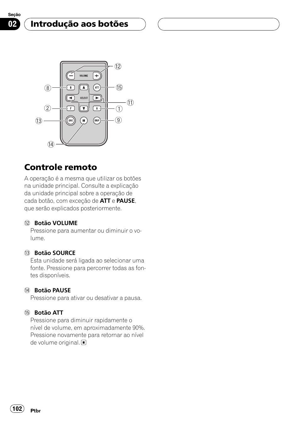 Controle remoto 102, Controle remoto, Introdução aos botões | Pioneer DEH-P4850MP User Manual | Page 102 / 145