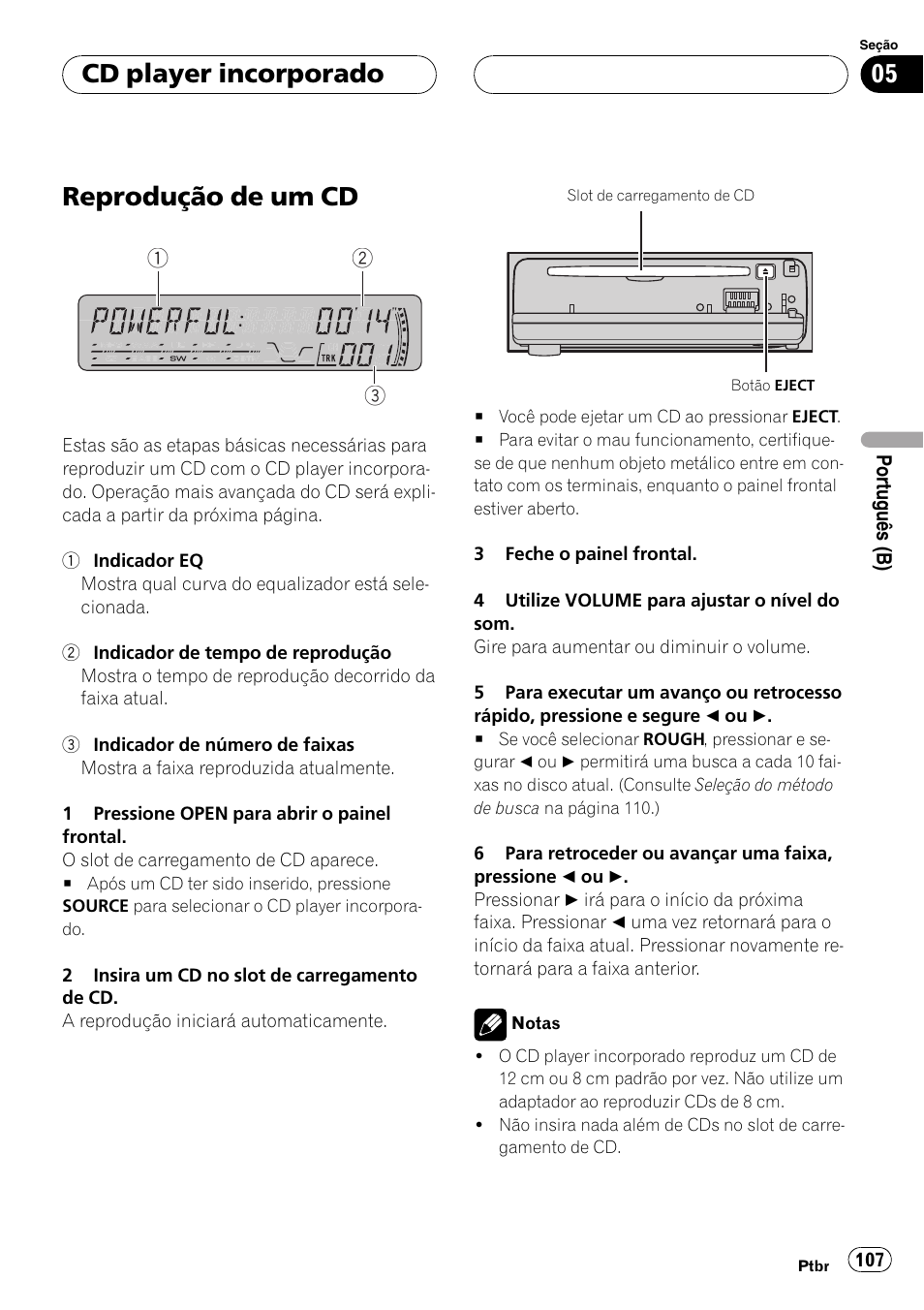 Cd player incorporado, Reprodução de um cd 107, Reprodução de um cd | Pioneer DEH-P4850MP User Manual | Page 107 / 145