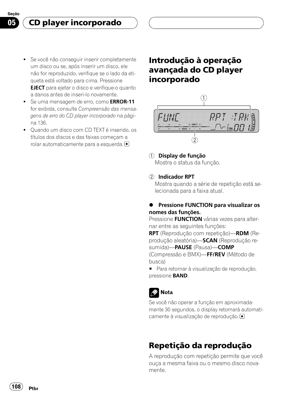 Introdução à operação avançada do cd, Player incorporado 108, Repetição da reprodução 108 | Repetição da reprodução, Cd player incorporado | Pioneer DEH-P4850MP User Manual | Page 108 / 145