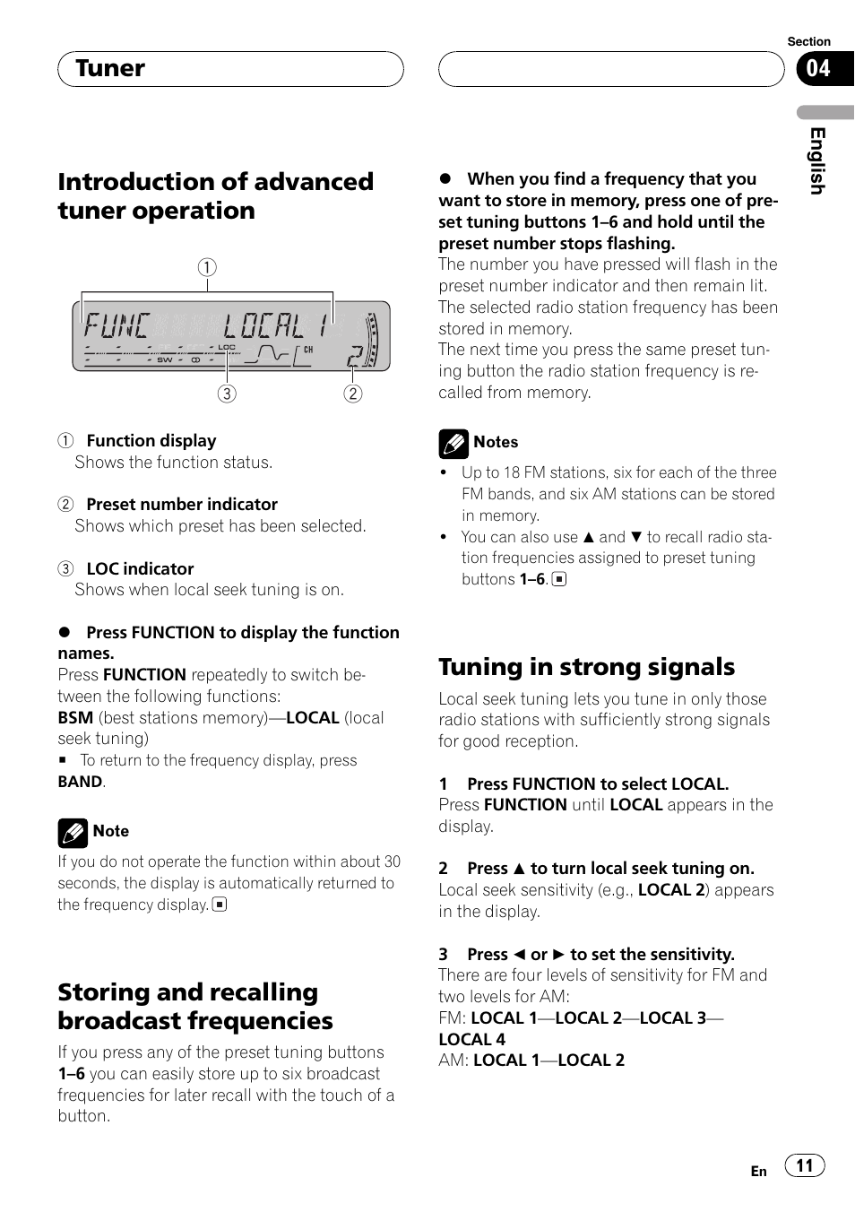 Introduction of advanced tuner, Operation 11, Storing and recalling broadcast | Frequencies 11, Tuning in strong signals 11, Introduction of advanced tuner operation, Storing andrecalling broadcast frequencies, Tuning in strong signals, Tuner | Pioneer DEH-P4850MP User Manual | Page 11 / 145