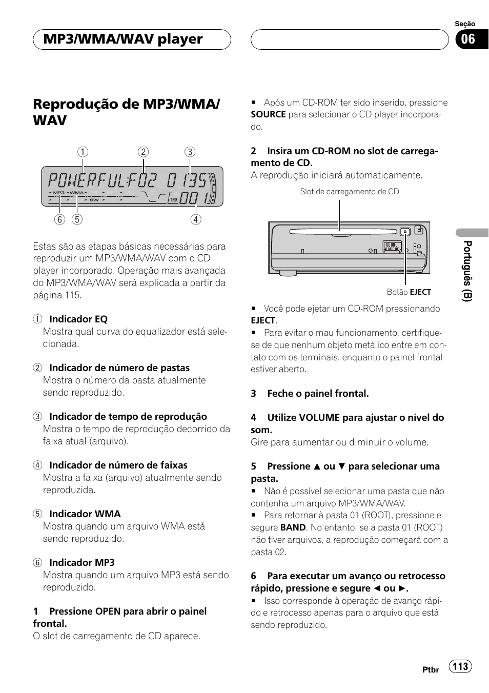 Mp3/wma/wav player, Reprodução de mp3/wma/wav 113, Reprodução de mp3/wma/ wav | Pioneer DEH-P4850MP User Manual | Page 113 / 145