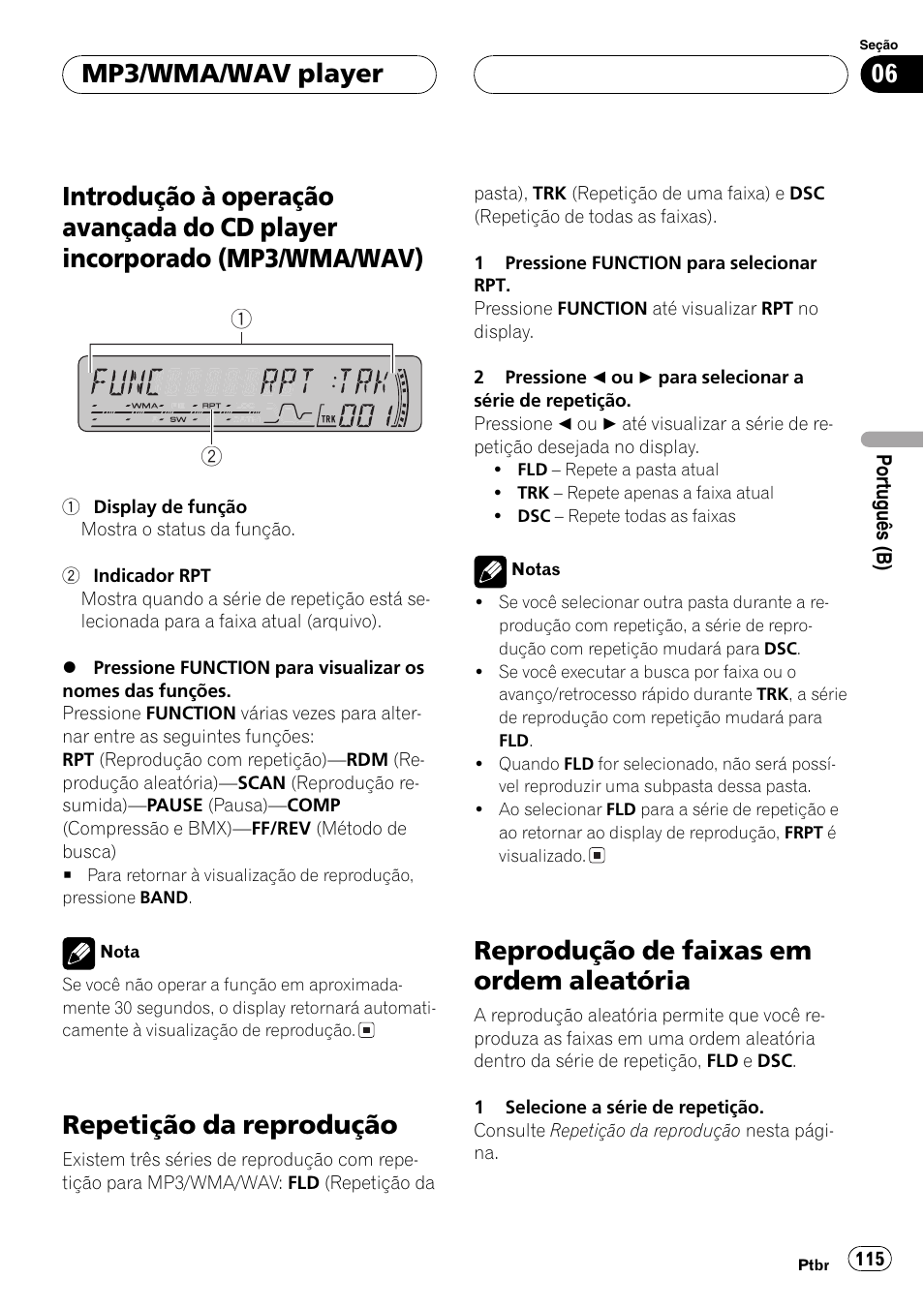Introdução à operação avançada do cd, Player incorporado (mp3/wma, Wav) 115 | Repetição da reprodução 115, Reprodução de faixas em ordem, Aleatória 115, Repetição da reprodução, Reprodução de faixas em ordem aleatória, Mp3/wma/wav player | Pioneer DEH-P4850MP User Manual | Page 115 / 145