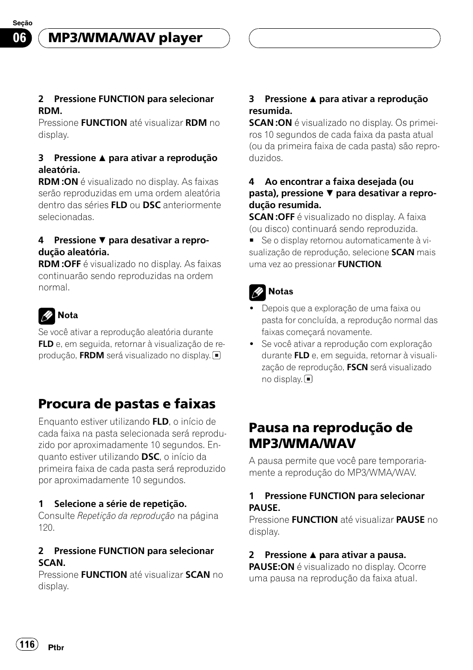 Procura de pastas e faixas 116, Pausa na reprodução de mp3/wma, Wav 116 | Procura de pastas e faixas, Pausa na reprodução de mp3/wma/wav, Mp3/wma/wav player | Pioneer DEH-P4850MP User Manual | Page 116 / 145