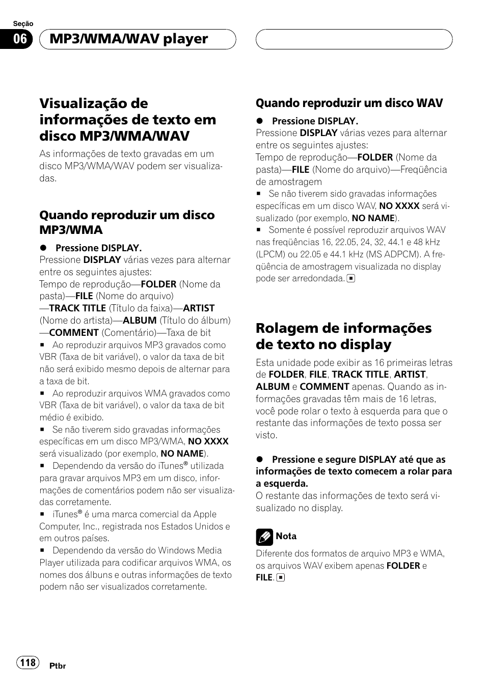 Visualização de informações de texto em, Disco mp3/wma/wav 118, Quando reproduzir um disco mp3 | Wma 118, Quando reproduzir um disco, Wav 118, Rolagem de informações de texto no, Display 118, Rolagem de informações de texto no display, Mp3/wma/wav player | Pioneer DEH-P4850MP User Manual | Page 118 / 145
