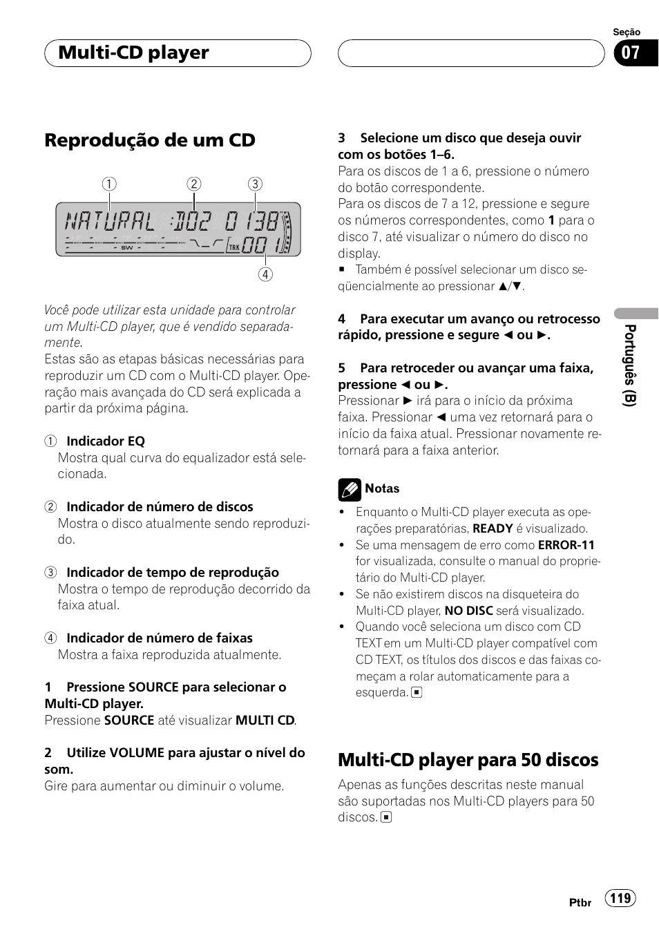 Multi-cd player, Reprodução de um cd 119, Multi-cd player para 50 discos 119 | Reprodução de um cd, Multi-cd player para 50 discos | Pioneer DEH-P4850MP User Manual | Page 119 / 145