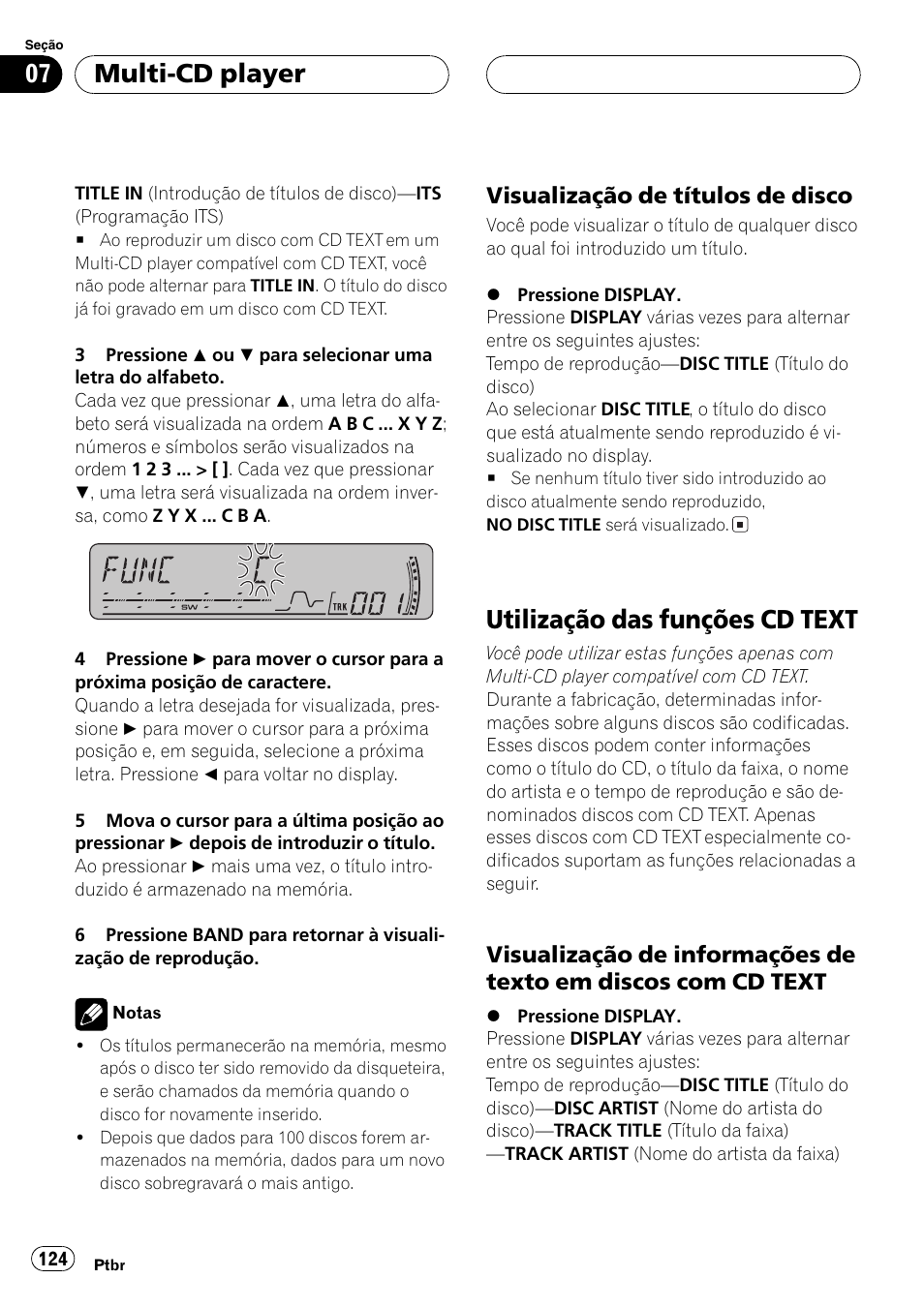 Visualização de títulos de disco 124, Utilização das funções cd text 124, Visualização de informações de texto | Em discos com cd text 124, Utilização das funções cd text, Multi-cd player, Visualização de títulos de disco | Pioneer DEH-P4850MP User Manual | Page 124 / 145