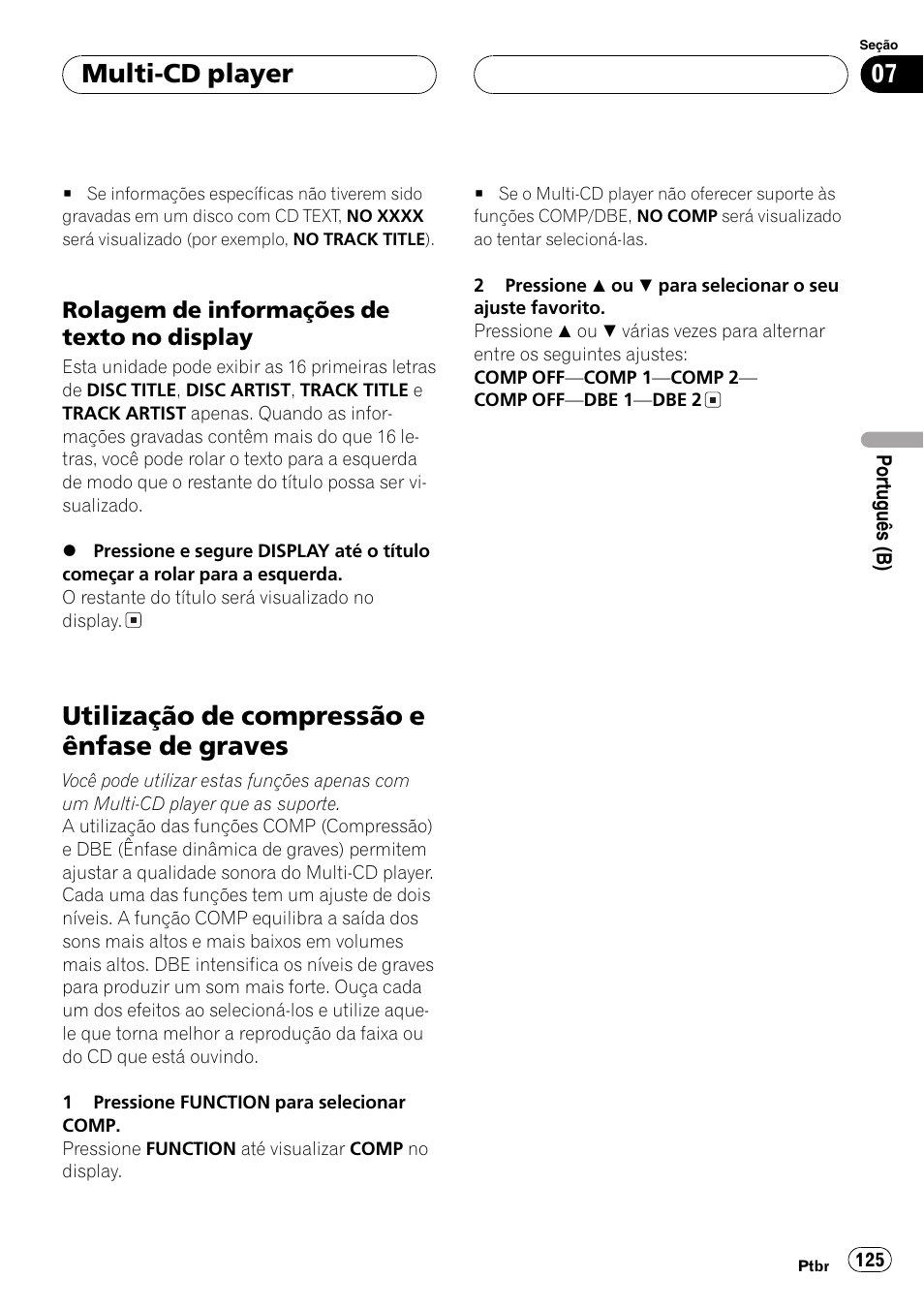 Rolagem de informações de texto no, Display 125, Utilização de compressão e ênfase de | Graves 125, Utilização de compressão e ênfase de graves, Multi-cd player | Pioneer DEH-P4850MP User Manual | Page 125 / 145