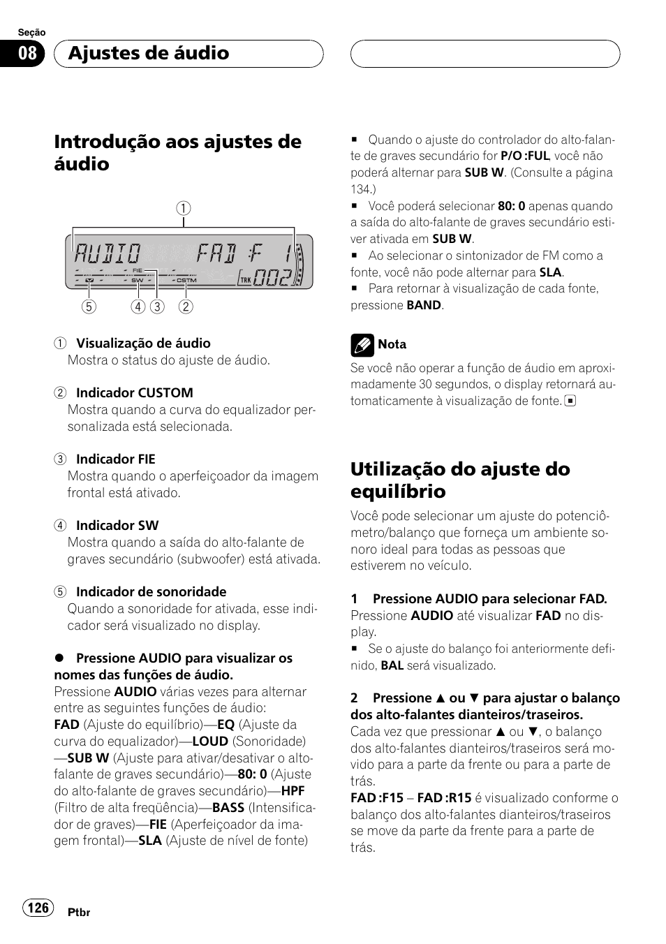 Ajustes de áudio, Introdução aos ajustes de áudio 126, Utilização do ajuste do equilíbrio 126 | Introdução aos ajustes de áudio, Utilização do ajuste do equilíbrio | Pioneer DEH-P4850MP User Manual | Page 126 / 145