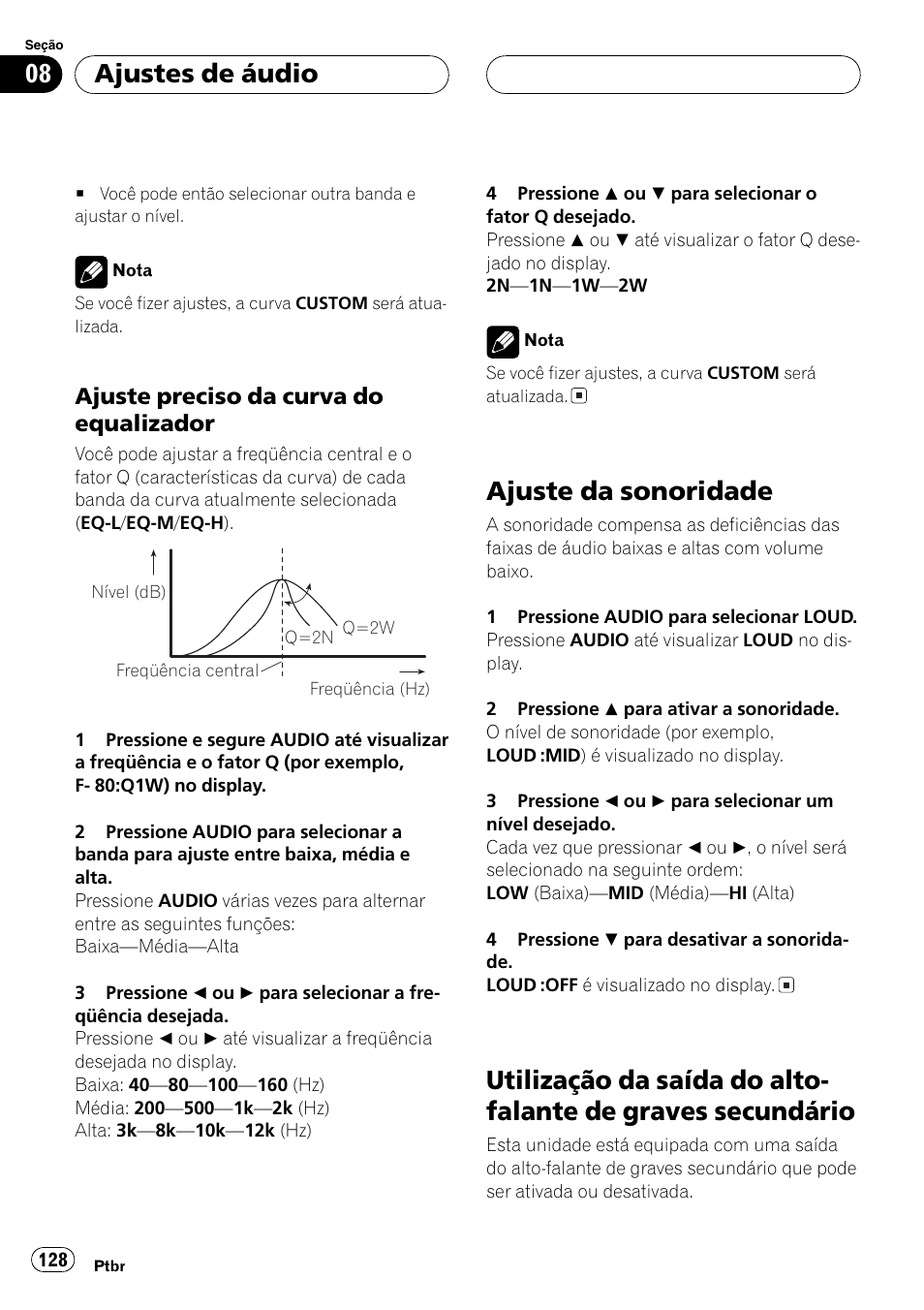 Ajuste preciso da curva do, Equalizador 128, Ajuste da sonoridade 128 | Utilização da saída do alto-falante de graves, Secundário 128, Ajuste da sonoridade, Ajustes de áudio, Ajuste preciso da curva do equalizador | Pioneer DEH-P4850MP User Manual | Page 128 / 145