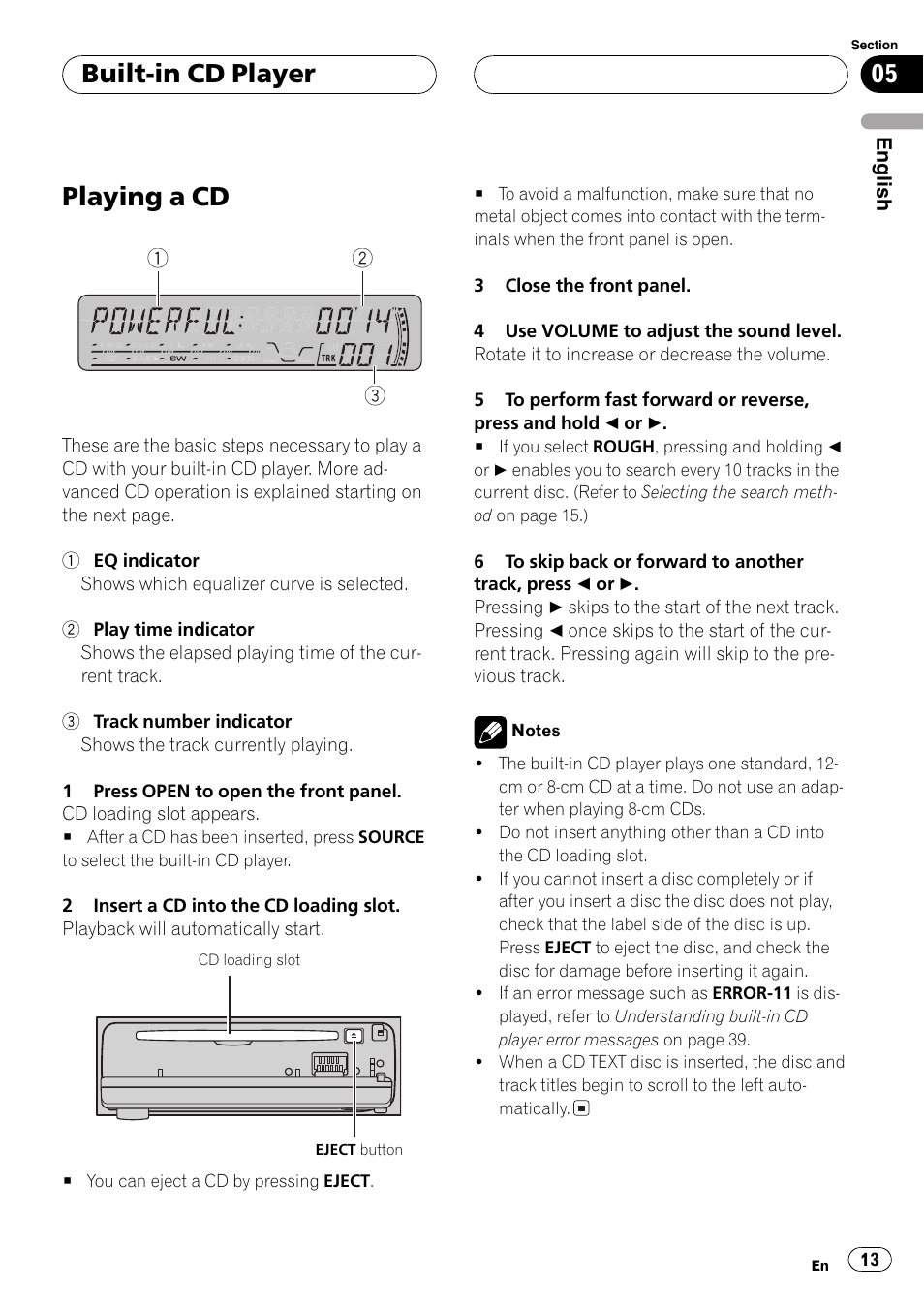 Built-in cd player playing a cd 13, Playing a cd, Built-in cd player | Pioneer DEH-P4850MP User Manual | Page 13 / 145