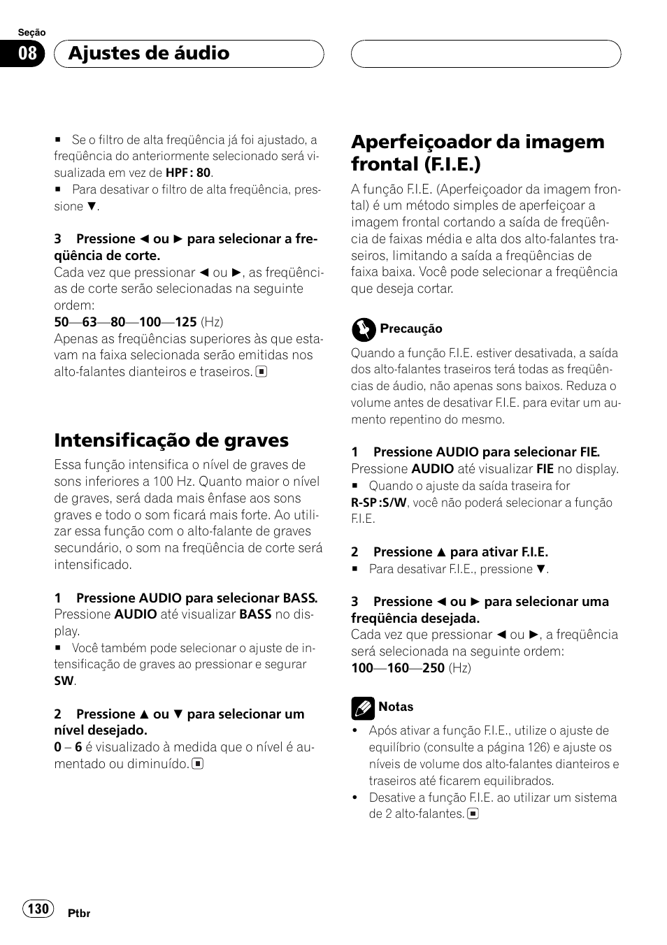 Intensificação de graves 130, Aperfeiçoador da imagem frontal (f.i.e.) 130, Intensificação de graves | Aperfeiçoador da imagem frontal (f.i.e.), Ajustes de áudio | Pioneer DEH-P4850MP User Manual | Page 130 / 145