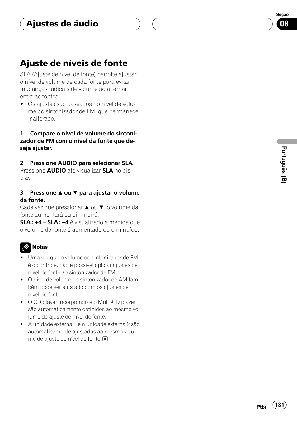Ajuste de níveis de fonte 131, Ajuste de níveis de fonte, Ajustes de áudio | Pioneer DEH-P4850MP User Manual | Page 131 / 145