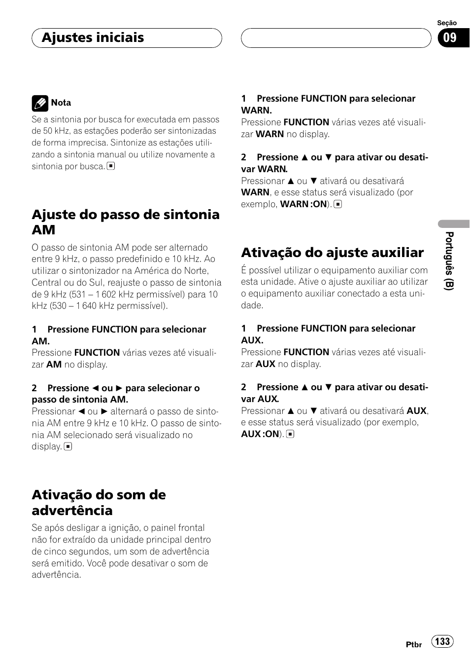 Ajuste do passo de sintonia am 133, Ativação do som de advertência 133, Ativação do ajuste auxiliar 133 | Ajuste do passo de sintonia am, Ativação do som de advertência, Ativação do ajuste auxiliar, Ajustes iniciais | Pioneer DEH-P4850MP User Manual | Page 133 / 145