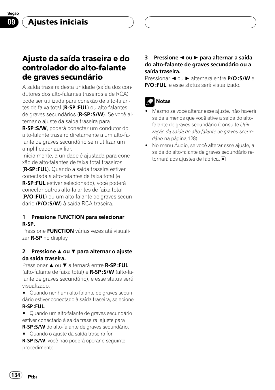 Ajuste da saída traseira e do controlador do, Alto-falante de graves secundário 134, Ajustes iniciais | Pioneer DEH-P4850MP User Manual | Page 134 / 145