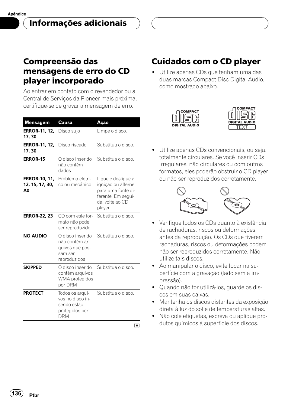 Informações adicionais, Compreensão das mensagens de erro do cd, Player incorporado 136 | Cuidados com o cd player 136, Cuidados com o cd player | Pioneer DEH-P4850MP User Manual | Page 136 / 145