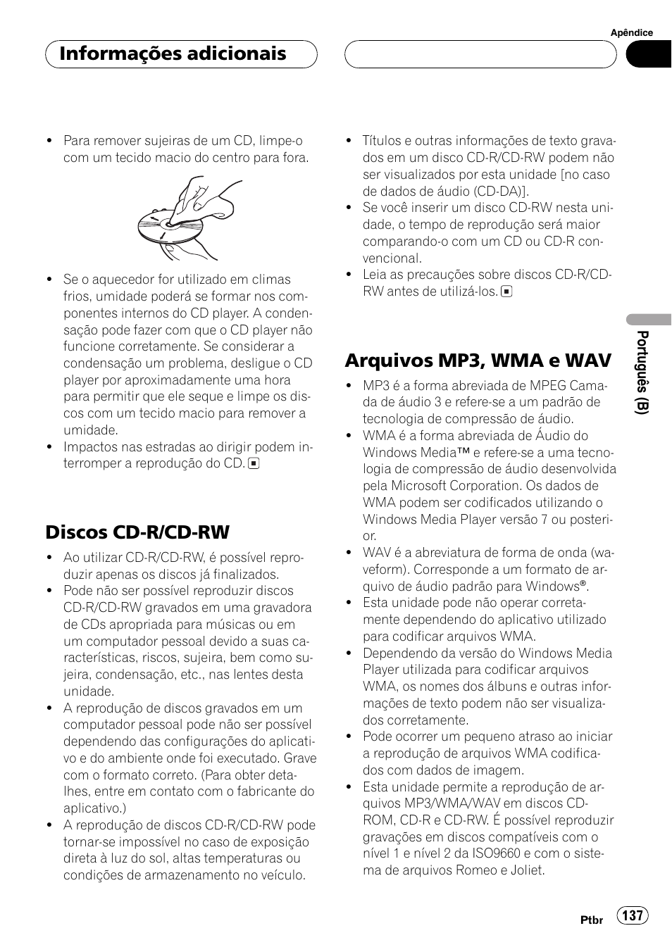 Discos cd-r/cd-rw 137, Arquivos mp3, wma e wav 137, Discos cd-r/cd-rw | Arquivos mp3, wma e wav, Informações adicionais | Pioneer DEH-P4850MP User Manual | Page 137 / 145