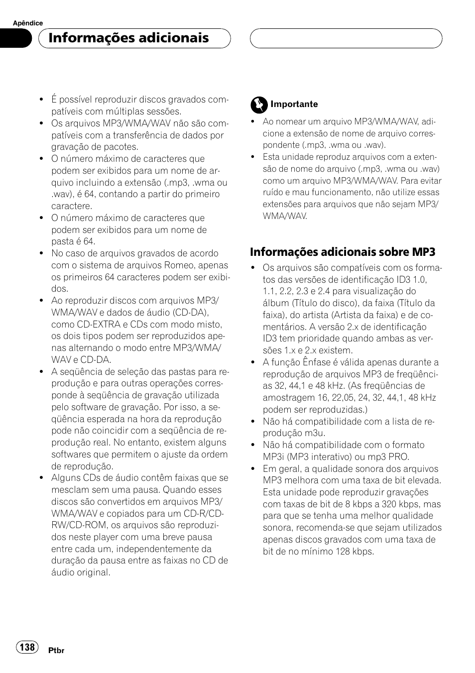 Informações adicionais sobre, Mp3 138, Informações adicionais | Informações adicionais sobre mp3 | Pioneer DEH-P4850MP User Manual | Page 138 / 145