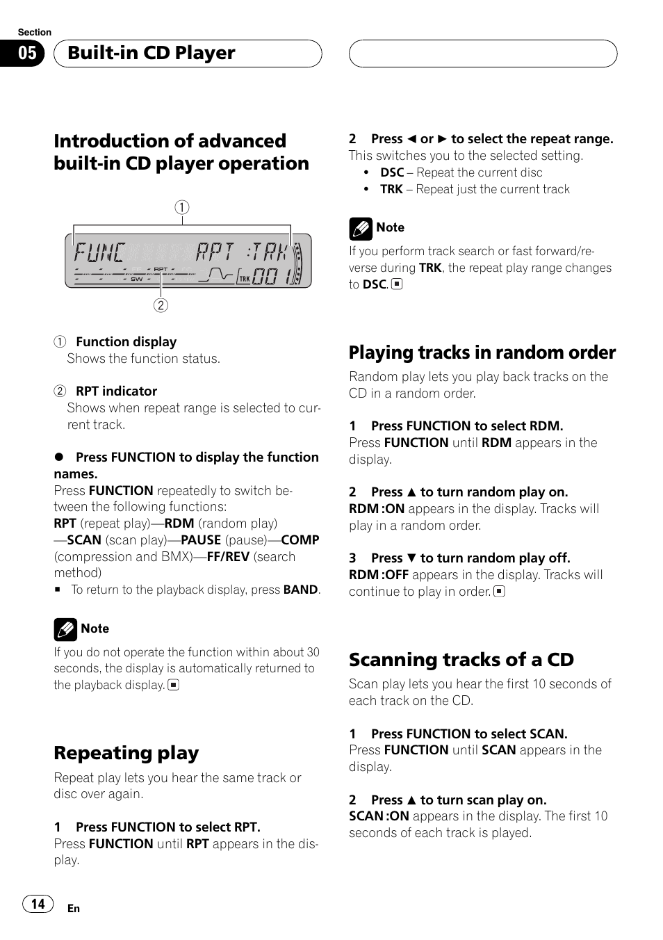 Introduction of advanced built-in cd player, Operation 14, Repeating play | Playing tracks in random order, Scanning tracks of a cd, Built-in cd player | Pioneer DEH-P4850MP User Manual | Page 14 / 145