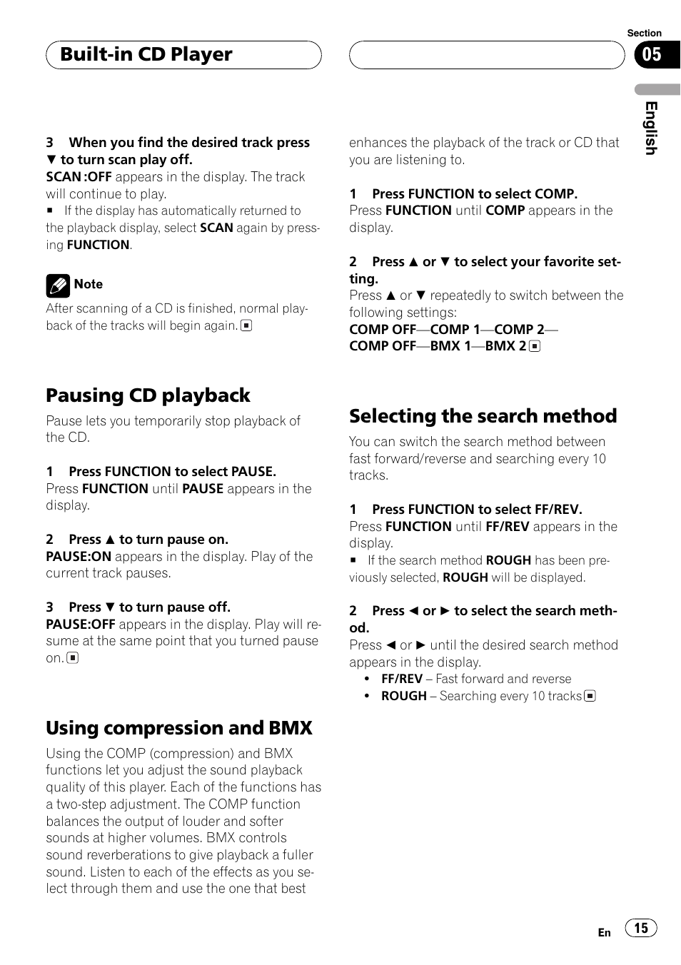 Pausing cd playback 15, Pausing cd playback, Using compression andbmx | Selecting the search method, Built-in cd player | Pioneer DEH-P4850MP User Manual | Page 15 / 145