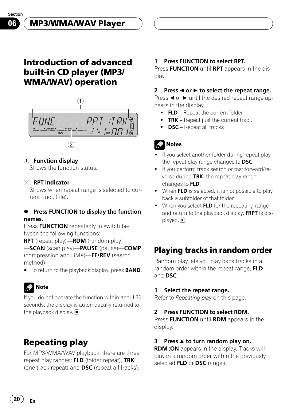 Introduction of advanced built-in cd player, Mp3/wma/wav) operation 20, Repeating play | Playing tracks in random order, Mp3/wma/wav player | Pioneer DEH-P4850MP User Manual | Page 20 / 145