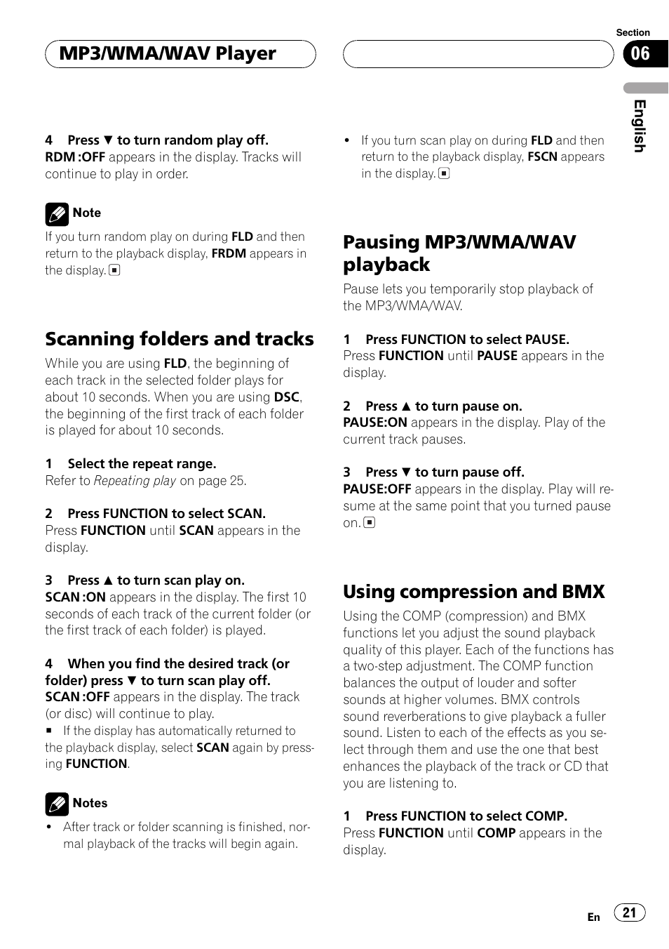 Scanning folders and tracks, Pausing mp3/wma/wav playback, Using compression andbmx | Mp3/wma/wav player | Pioneer DEH-P4850MP User Manual | Page 21 / 145