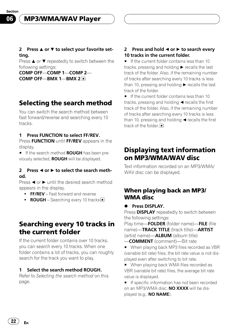 Folder 22, Displaying text information on mp3/wma, Wav disc 22 | When playing back an mp3/wma, Disc 22, Selecting the search method, Searching every 10 tracks in the current folder, Displaying text information on mp3/wma/wav disc, Mp3/wma/wav player | Pioneer DEH-P4850MP User Manual | Page 22 / 145