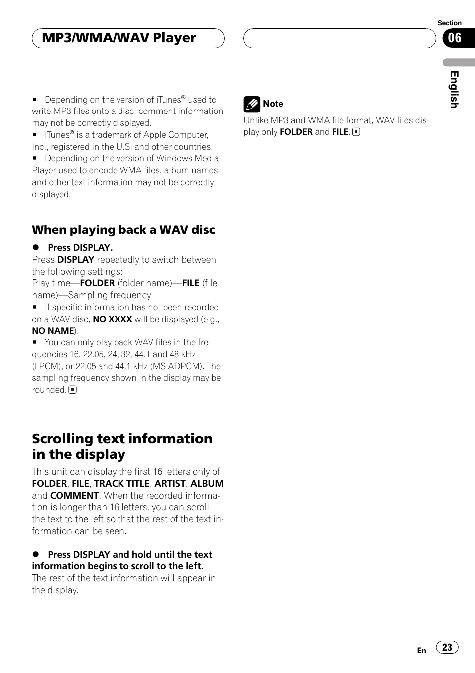 When playing back a wav disc 23, Scrolling text information in the display 23, Scrolling text information in the display | Mp3/wma/wav player, When playing back a wav disc | Pioneer DEH-P4850MP User Manual | Page 23 / 145