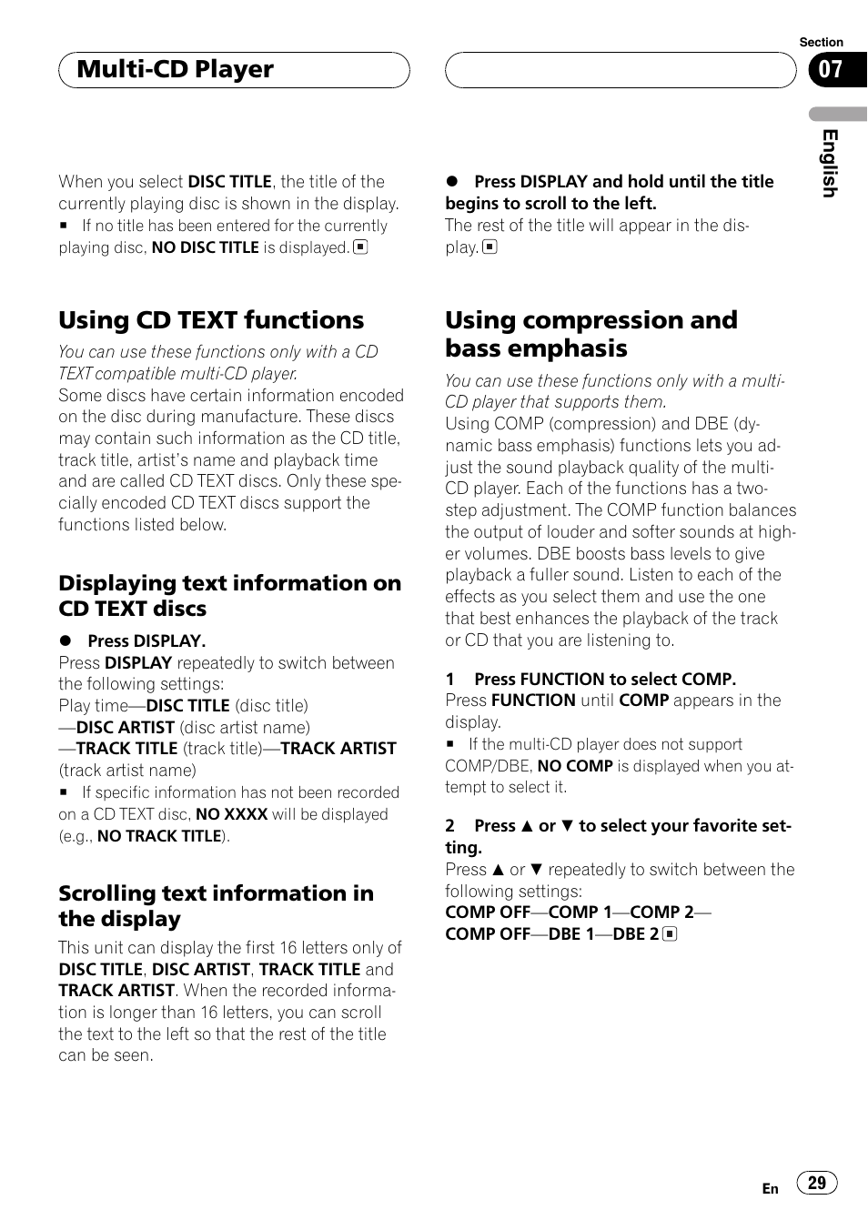 Using cd text functions 29, Displaying text information on cd, Text discs 29 | Scrolling text information in the, Display 29, Using compression and bass emphasis 29, Using cd text functions, Using compression and bass emphasis, Multi-cd player | Pioneer DEH-P4850MP User Manual | Page 29 / 145