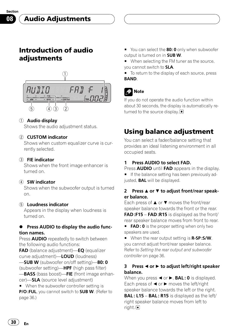 Introduction of audio adjustments, Using balance adjustment, Audio adjustments | Pioneer DEH-P4850MP User Manual | Page 30 / 145